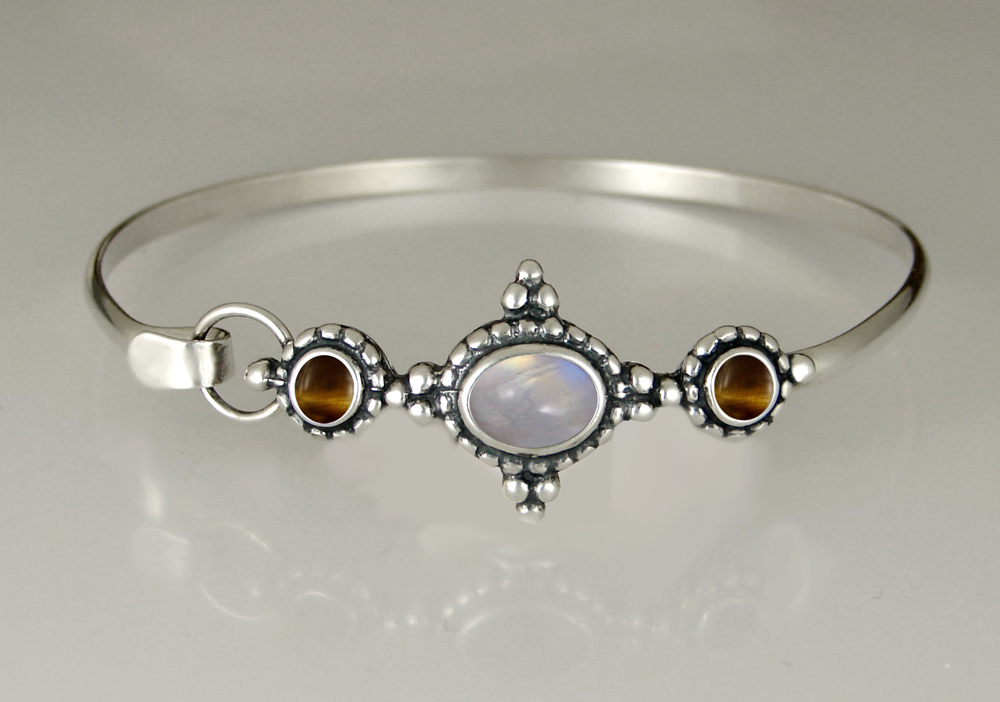 Sterling Silver Strap Latch Spring Hook Bangle Bracelet With Rainbow Moonstone And Tiger Eye